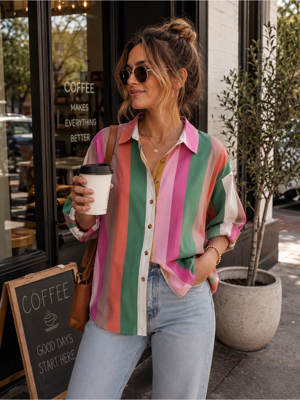 🩷ENTRO Multi-Color Striped Button-Up Shirt - Small